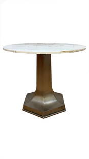 Mid Century Modern Structural Metal Octagonal Pedestal Base Marble Table - Pair: Vintage from before 2000 Depth: 36 inches Height: 30.5 inches Width: 36 inches Mid Century Modern Structural Metal Octagonal Pedestal Base Italian Marble Top Hall/Flower/Cocktail/Dinette Table - PairC
