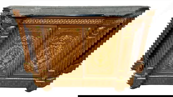 Vintage French Louis XVI Style Inlaid Serpentine Marble Top Credenza: Vintage from before 2000 Vintage French Louis XVI Style Inlaid Serpentine Marble Top Credenza This gorgeous ornate French Louis XVI Style inlaid credenza has intricate inlay work and metal decorations