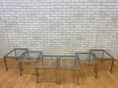 Mid Century Modern Milo Baughman DIA Chrome and Glass Square Side Tables - Set of 6: Vintage from the 1970s Materials: glass, metal, chrome Width: 20 inches Height: 15 inches Depth: 15 inches Mid Century Modern Milo Baughman Chrome Flat Bar and Glass Side Tables - Set of 6 Mid century