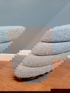 Vintage Contemporary Ridged Stool Newly Reupholstered in a Gray Boucle: Vintage from before 2000 Materials: Boucle, metal Height: 21 inches Depth: 18 inches Vintage Contemporary Ridged Stool Newly Reupholstered in a High End Gray Boucle Beautiful, stylish, heavy solid woo
