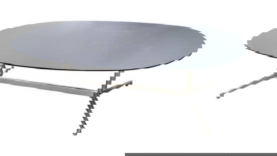Mid Century Modern Eames Black Glass Top Chrome Base 8 FT Table: Vintage from before 2000 Materials: chrome, glass, metal Width: 96 inches Height: 29.5 inches Depth: 48 inches Mid Century Modern Eames Executive Series Black Glass Racetrack Top Segmented Chrome Base