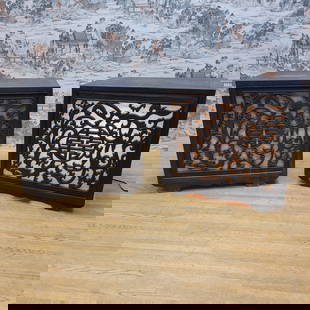 Vintage Chinese Carved Decorative Elm Side Tables with Light - Pair: Vintage from before 2000 Materials: elm, wood Width: 23.5 inches Height: 22 inches Depth: 17.5 inches Vintage Chinese Carved Decorative Elm Side Tables with Light - Pair These vintage chinese carved e