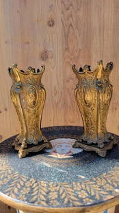 Antique French Neoclassical Ornate Gilt-Bronze Mantel Vases - Pair: Vintage from before 2000 Antique French Neoclassical Ornate Gilt-Bronze Mantel Vases - Pair Beautiful set of 19th Century French Neoclassical finely detailed gilt-bronze mantel vases with scrolled aca