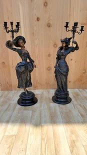 Antique Neoclassical French Spelter Bronze Candelabra Statues - Set of 2: Vintage from before 2000 Antique Neoclassical French Spelter Bronze Candelabra Statues - Set of 2 Stunning set of 2 Neoclassical French spelter, large candelabra statues, featuring finely detailed ruf