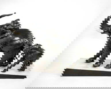 LARGE FRENCH ART DECO ELEPHANTS SCULPTURE IRENEE ROCHARD: Made in France in the 1930's this sculpture reflect the democratic desire of that time to produced affordable art . It is metal instead of bronze but the quality of design is here .It was done with th