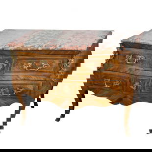 18th Century French Louis XV Gilt Bronze Mounted Kingwood Commode molded marble: This chest of drawer is an original piece from the 18th century not a later date reproduction ( period (1715-1774), The commode has a bombe contour and veneered in reverse-grained wood , two drawers (