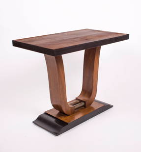 French art deco U-Shape Walnut Top table metal ornement: Made in the early 1920's/30's in France this piece has a design which is reminding of Djo- Bourgeois with its Asian influence.It was said about French Art deco that : ...the absence of ornaments are r
