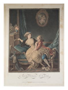 Broken fan French Engraving 18 th.: Engraving possibly from an 18th century work by French artist Charles-Melchior Descourtis, 1753 - 1820. A seduced lady has been warding him off with her fan, which is now broken , surrendering. A Pari