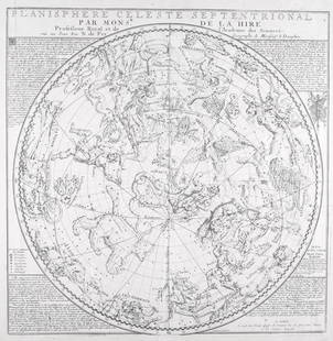 Planisphere celestial engraving Meridional and Septentrional La Hire and De fer: Decorative double hemisphere Celestial chart, centred on the north and south poles and showing the constellations fully delineated according to classical mythology from the based on the work of Philip