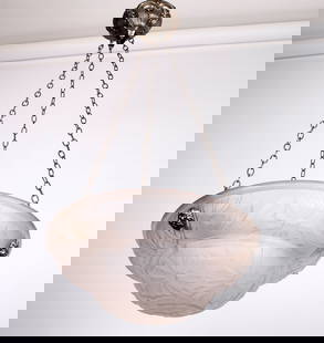 FRENCH ART DECO CHANDELIER white GLASS VERDUN daisy motive: This chandelier, crafted in France during the late 1920s to early 1930s, is a signed piece by the Cristalleries de Verdun , whose renowned work was highly desired for their chandeliers and art glass p