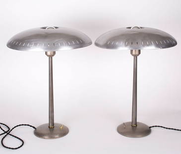 Pair of 1950's Philips Desk Lamp designed by Louis Kalff Senior: While at Philips, Kalff helped define the overall color, material, and form choices for a variety of projects. He also designed advertisements, branding, exhibitions, lighting, and various other produ