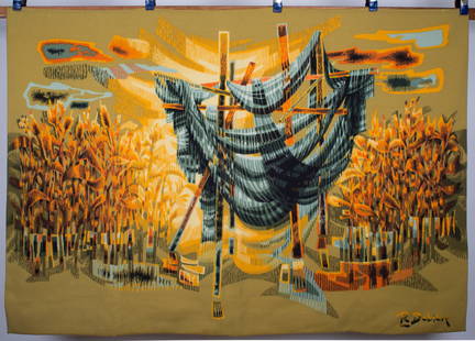 FRENCH TAPESTRY Debieve MODERNIST AUBUSSON Robert Four Filets: Made in France in the 1960 this wool tapestry reflect the democratic desire of that time to produce affordable art . Those tapestry are to be placed on wall to bring an organic feel to a mid century i
