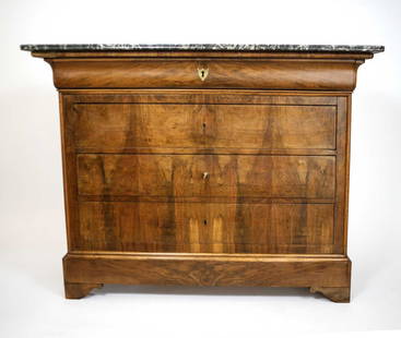 FRENCH ANTIQUE CHEST OF DRAWERS 1850 LOUIS PHILIPPE Book matched Walnut Veneer: Made in France in the 1840's this chest of drawer is the first " modern " style born of the industrialization age just being implemented , the classic book matched veneering was easier to achieve with