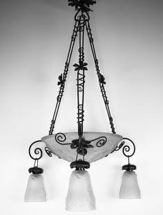 FRENCH ART DECO CHANDELIER MOLDED Molded GLASS CUBIST MULLER Poppy Motive: Made in France in the late 1920's early 1930's this Chandelier is in the manner of Muller ,while unsigned the quality clearly matched their creation .Those were hand sanded and etched after being mold