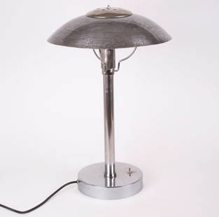 Bauhaus table lamp in nickel-plated steel by Franta Anyz Czechoslovakia: Leading Czech metal artist Franta Anyz (1876-1934) was known for elevating everyday objects in the vmanner of the bauhaus movement , democratic desire to mix simple form with enticing design . Lightin