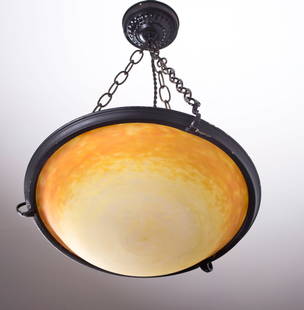 French Art-Deco marmoreal Chandelier Lorrain Nancy Croismare: Made in France in the late 1920's early 1930's, this chandelier is a signed from the grande verrerie de Croismare whose renowned work was highly desired for their chandeliers and art glass pieces. It