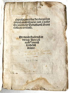 1508 POST-INCUNABULA LAW BOOK by SEBASTIAN BRANT antique VELLUM BOUND: BRANT, Sebastian Expositiones sive declaratio[n]es omniu[m] tituloru[m] iuris tam Civilis [quam] Canonici. Basel: Jacob von Pfortzheim; 1508 (in colophon) 167 lvs. ( 334 pp.) Hand tooled full vellum b