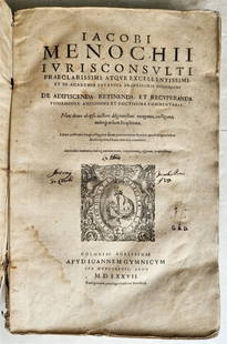 1577 LAW BOOK by Jacobus MENOCHIUS antique VELLUM BOUND FOLIO 16th CENTURY: MENOCHIUS, Jacobus De adipiscenda, retinenda et recuperanda possessione, ampliss. et doctiss. commentaria. Cologne, J. Gymnicus, 1577 (8), 484, (72) pp. With printer's mark on title page & large one i