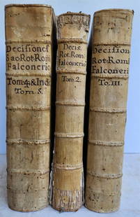 1727 LAW BOOKS SET 3 FOLIO VOLUMES antique VELLUM BINDING: Sacrae Rotae Romanae decisiones Rome; 1727 3 volumes Original vellum , spines with raised bands and manuscript title Some wear of bindings, one of the volumes with damaged spine, good interior, occasi