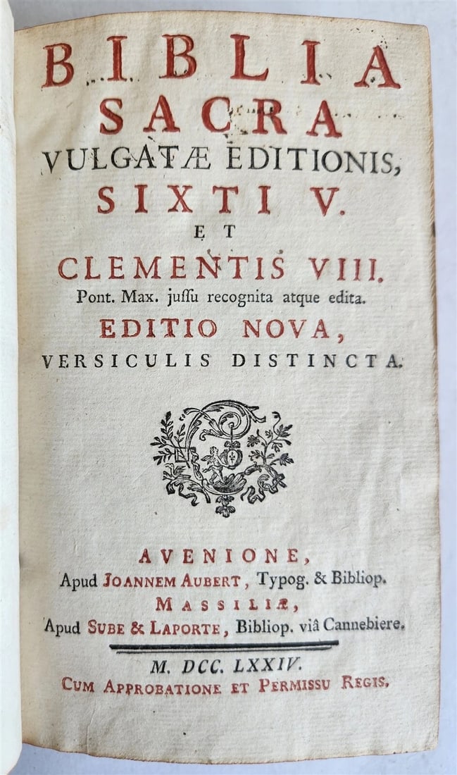 1774 BIBLE in LATIN printed in AVIGNON antique OLD & NEW TESTAMENT BIBLIA LATINA: Biblia Latina. Biblia sacra vulgatae editionis, Sixti V et Clementis VIII. Editio nova, versiculis distincta. Avignon, Jean Aubert, and Marseille, Sub & Laporte, 1774 2 parts in 1 volume. 758 pp., 1 l