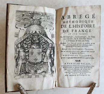 1726 HISTORY of FRANCE ILLUSTRATED w/ PORTRAITS of FRENCH KINGS S antique: Brianville, (O.) de. Abrege methodique de l'histoire de France... Nouvelle ed. Paris, Prudhomme; 1726 With engraved frontispiece and 66 copperplate engravings (portraits) 8 leaves, 535 pp. A popular s