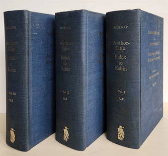 1974 AUTHOR-TITLE INDEX to JOSEPH SABIN'S DICTIONARY of BOOKS RELATED to AMERICA: (Sabin, Joseph) Complied by John Edgar Molnar. Author-Title Index to Joseph Sabin's Dictionary of Books Relating to America. Metuchen, NJ; 1974 3 volumes. Original cloth with title in gilt Size 5 3/4