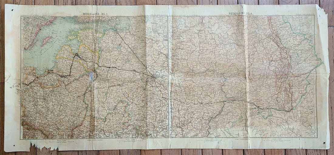 1912 GERMAN MAP of RUSSIA ANTIQUE size 16 by 35" ORIGINAL pre-WWI: GERMAN MAP of RUSSIA c. 1912 From Stielers Hand Atlas by H. Kehnert & H. Habenicht Nr. 47. Russland, Bl. 4. Size 16 by 35" Folds, tears, archival tape repairs. one about 3/4" hole (visible on the phot