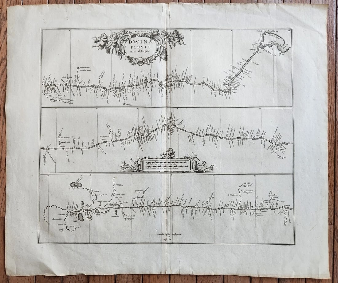 1680 MAP of NORTH RUSSIA antique DWINA FLUVII Nova Description 23 by 27" RARE: DWINA FLUVII Nova Description by Johannes Janssonius (1588-1664) London: Johannes van Waesbergen, Moses Pitt; c.1680 engraved map of the Northern Dvina. Showing the river in three horizontal strips fr
