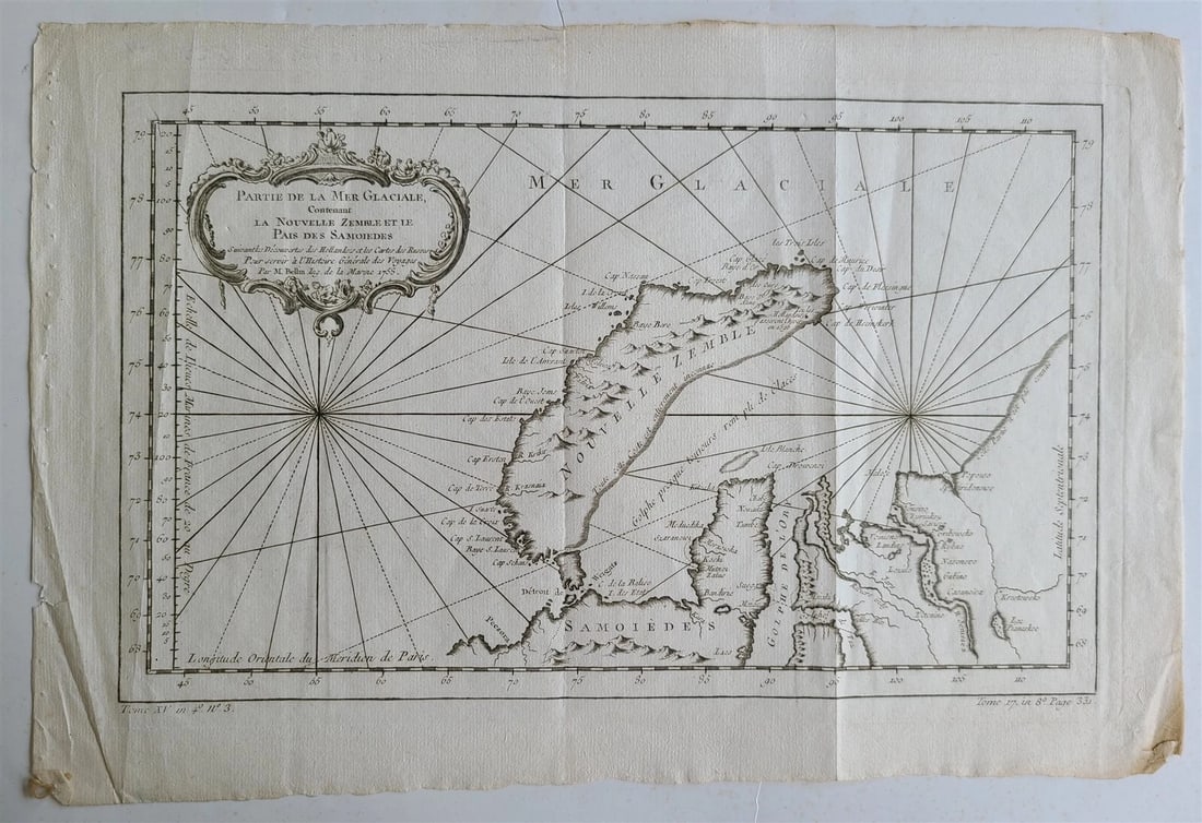 1758 MAP PARTIE DE LA MER GLACIALE contenants La Nouvelle Zemble RUSSIA antique: Partie de la Mer Glaciale contenants La Nouvelle Zemble et le Pays des Samoiedes. Suivant les decouvertes des Hollandois et les Cartes de Russes.. Pour servir a l'Histoire Generale des Voyages. Paris: