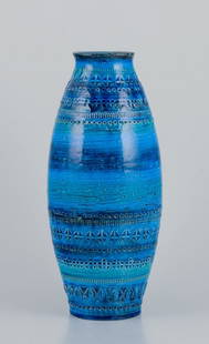 Aldo Londi (1911-2003) for Bitossi, Italy. Large ceramic vase with azure blue glaze.: Aldo Londi (1911-2003) for Bitossi, Italy. Large ceramic vase with azure blue glaze. Approximately from the 1970s. Marked. In perfect condition. Dimensions: H 31.5 cm x D 12.0 cm. Reserve: $364.00 Shi
