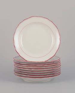 Meissen, Germany. A set of ten plates. Decorated with coral red and gold-colored trim. Art Deco.: Meissen, Germany. A set of ten plates. Decorated with coral red and gold-colored trim. Art Deco. Ca. 1930s. Marked. Third factory quality. Perfect condition. Dimensions: D 17.5 cm. Reserve: $490.00 Sh