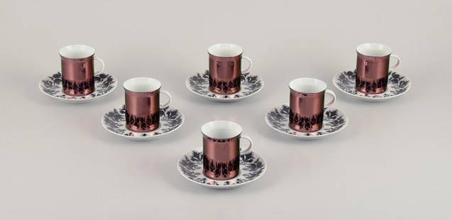 Bjørn Wiinblad (1918-2006) for Rosenthal, Germany. A set of six "Berlin Hilton" porcelain: Bj&#248;rn Wiinblad (1918-2006) for Rosenthal, Germany. A set of six "Berlin Hilton" porcelain demitasse cups with saucers. Glossy copper-colored decoration. Model number: 4009. From the 1960s/70s. Ma