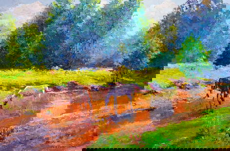 Oil painting Summer afternoon Boris Serdyuk: â„–SERB 1135 The painting titled "Summer Afternoon" depicts a tranquil riverside scene on a warm, sunny day. Two horses, one white and one brown, stand peacefully in the shallow water, drinking fr