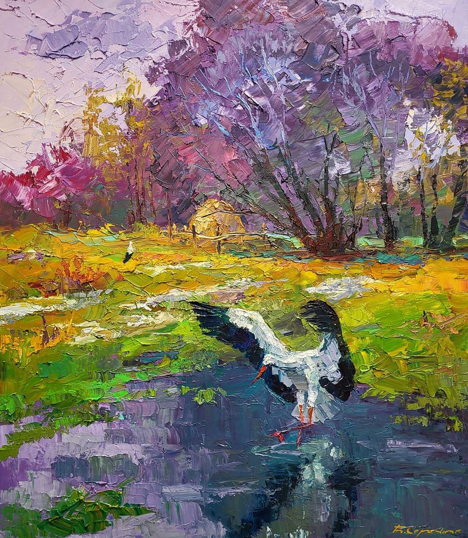 Oil painting Return of the bird Boris Serdyuk: ?SERB 1148 The painting "Return of the Bird" portrays a vibrant spring scene, symbolizing renewal and the return of life after the long, harsh winter. In the center of the composition, a majestic stor