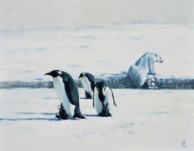 Oil painting Cold Gulf Sream Oleg Kateryniuk: â„–Kat 53 The painting titled "Cold Gulf Stream" is a surreal and provocative depiction of nature, designed to evoke deep reflection and unease. Set in an expansive, snow-covered landscape, the co