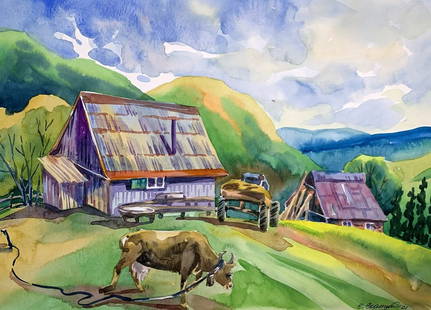 Watercolor painting Village in the mountains Svetlana Gramm: &#8470;AAA3382 "Village in the Mountains" is a captivating watercolor painting that brings to life the serene and pastoral beauty of a rural village nestled among rolling hills. The artist uses a vibr