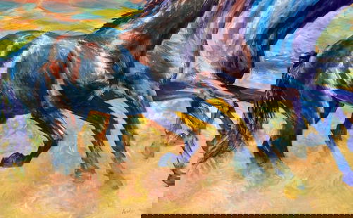Oil painting The world is woven from drops of soul Dmitry Arkadyev: №AAA3584 The painting titled "The World is Woven from Drops of Soul" is an evocative and dynamic oil on canvas that captures the movement and vitality of galloping horses. The composition is dom