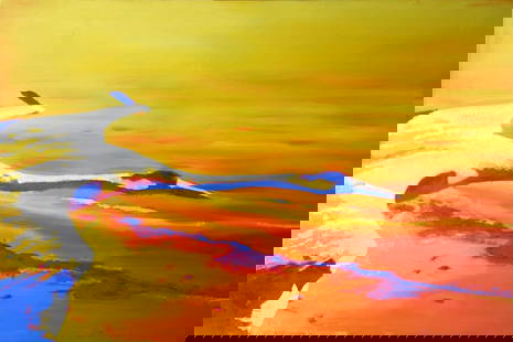 Oil painting Cranes fly Varvarov Anatoly Viktorovich: &#8470;Varv 192 The oil painting titled "Cranes Fly" is a vibrant, abstract representation of the graceful flight of cranes against a strikingly warm background. The canvas is dominated by a bold pale