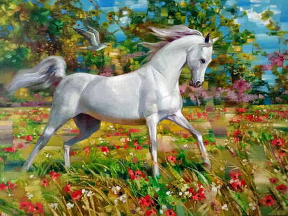 Abstract oil painting Wind in the mane Anatoly Borisovich Tarabanov: &#8470;Tar 282 The oil painting is a striking piece of abstract art that captures the beauty of a white horse in a peaceful setting. The horse is depicted standing on a lush green lawn, surrounded by