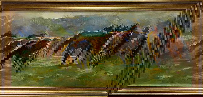 Oil painting Horse portrait: &#8470;Vern 447 *** ABOUT THIS PAINTING *** * TITLE: "Horse portrait" * SIZE: 34x79 cm/'13.38x31.10 inches', frame size: 42x87 cm/'16.53x34.25 inches' * MEDIUM: oil, cardboard * HAND PAINTED: Original