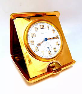 Authentic Gorham for Longines Travel Clock 14 Karat Folding 8 Day Power Reserve: Gorham for Longines 8 Day Power Reserve Portable Desk Clock Will Fit to pocket, 8 Day winding Working and tested Case has been designed by Gorham 14kt. Yellow gold 248 grams. 3.3 x 2.9 inch Depth: .9