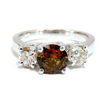 2.30ct Natural Fancy Color Sapphire Diamonds Ring 14 Karat Classic Three: Classic Diamonds & Sapphire, Three Stone Ring 1.30ct Round Natural Fancy Yellow Orange Brown Sapphire Vibrant Vivid Cognac Color Full cut and Full Faceted. 6.7mm diameter 1.00ct. Round Cut diamond Ful