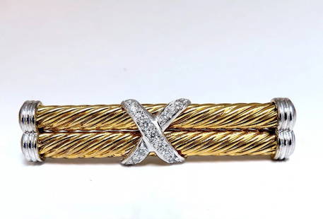 .35ct Natural Diamonds Candy Cane Twisting X Double Stick Pin: MAGNIFICENT JEWELS Retro Gold X Twist pin. Double Tubular Candy Caned Twisting pattern New condition. Natural Round Diamonds: .35ct Full Cut, H-color Vs-2 clarity. Measures: 2 X .47 inch Depth: .28 in