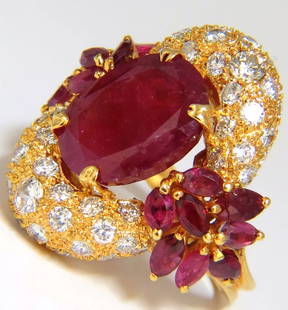 11.00CT NATURAL OVAL RED RUBY DIAMONDS COCKTAIL RING 14KT +: 2.00ct. Natural Ruby Cocktail Ring 13.5 X 10.0mm Full cut oval brilliant, opaque 2.00ct. round Shaped diamonds. G- color Vs2 Additional side rubies: 1.00ct 14kt. yellow gold 13 grams Ring Current size