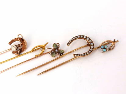 LOT OF (6) ANTIQUE HAT PINS COLLECTOR CLASSIC HORSESHOE JICKEY IRISH CLOVER+: From an Avid Hat Pin Collector Lot of 6 hat Pins. May be used for collar of blazer jacket. 14k t.60ct Jockey diamond hat pin (.57 X .51 inch) 14kt 3 Opal Wishbone (.60 X .30 inch) 14kt seed pearl hors