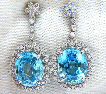 12.46ct Natural Bright vivid indigo blue zircon diamond earrings 14kt edwardian+: Edwardian Dangle Blues 11.46ct. Natural Blue Zircons & 1.00ct. Natural Diamond earrings. Blue Zircons of brilliant oval cuts. Clean clarity and transparent. The Prime Indigo colors. 11 x 8.5mm Diamond