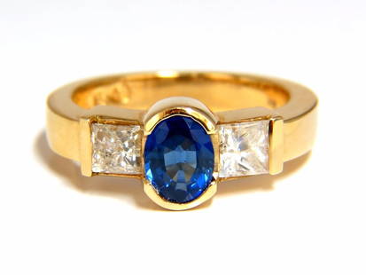2.00ct natural sapphires diamond three stone ring 14kt royal blue+: MAGNIFICENT JEWELS Classic Diamond & Sapphires, Three Stone 1.10ct. Oval Cut Sapphire Vibrant Royal Blue & transparent Full cut oval and Full Faceted. .90ct (2) natural princess cut diamonds on side.