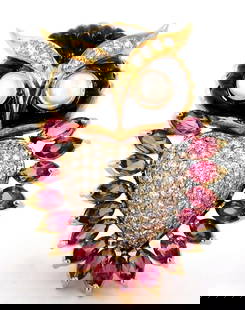 3.90CT NATURAL TOURMALINE DIAMONDS MOONSTONE BLACK ONYX 3D OWL BROOCH PIN 18KT+: 3D Real Life Owl Brooch. Please notice details, beautifully intricate. Excellent condition. 2.50ct. Natural Pink Tourmalines Marquise cuts, clean clarity and transparent. 1.40ct. round diamonds: G-col