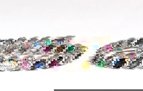 10.30ct natural ruby emerald sapphires diamond tennis bracelet 14kt gem line: Gem Line. 10.30ct. Natural Sapphires, Ruby, & Emeralds bracelet. Full round cuts, great sparkle. Multicolor sapphires. Vibrant Greens, yellows, Blues & Pinks Clean Clarity & Transparent. 4 Round Diamo
