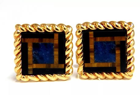 14kt Inlay Onyx Lapis & Tiger Eye Twist cufflinks: MAGNIFICENT JEWELS Amazing detail Natural Black onyx, Lapis & Tiger Eye Mosaic Cufflinks with slight domed raised onyx Gorgeous detail. marked 14kt. Fixed backing. 16 grams. Top diameter: 31 x 31mm So